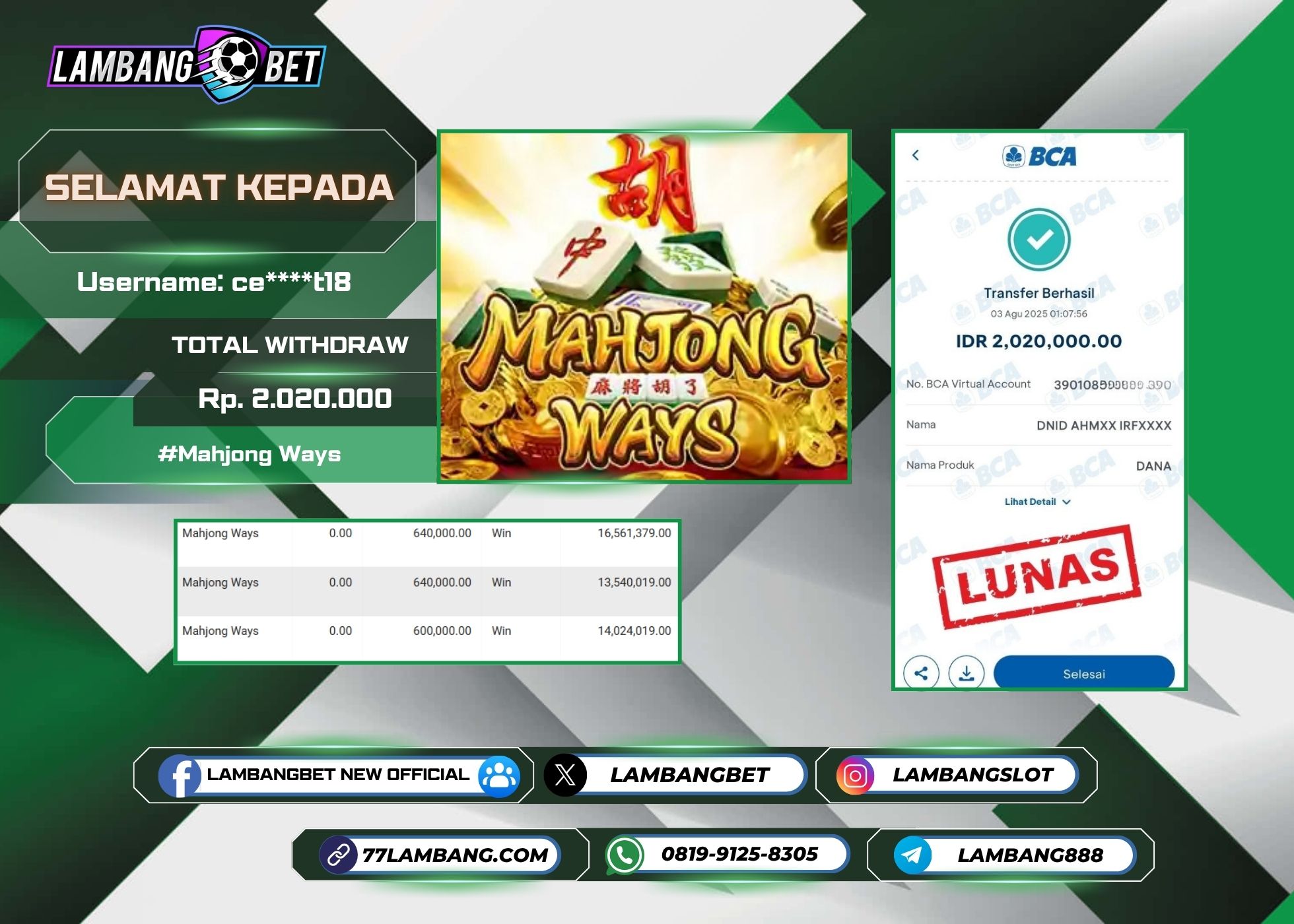 LAMBANGBET [3 AUGUST 2025] JACKPOT SLOT Mahjong Ways "Rp2.020.000" LUNAS